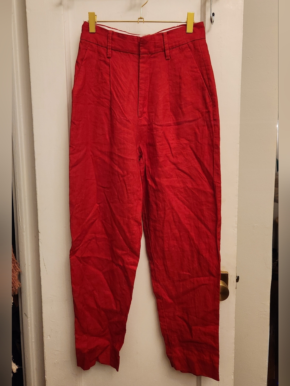 Mango Red 100% Linen High Waist Tapered Pants Size 2